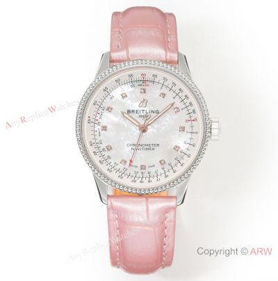 Swiss Grade 1 Breitling Navitimer Automatic 35 Diamond Watch MOP Dial Pink Leather Strap